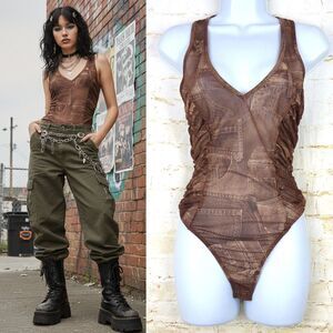 Y2K Bodysuit Women M Brown Jean Pocket Trompe Loeil Mesh Sheer Ruched V-neck VTG